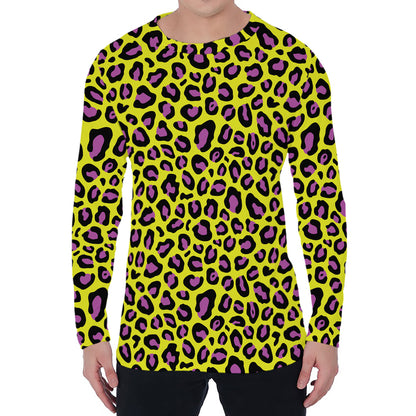Yellow And Purple Leopard Pattern Print Men's Long Sleeve T-Shirt