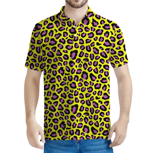 Yellow And Purple Leopard Pattern Print Men's Polo Shirt