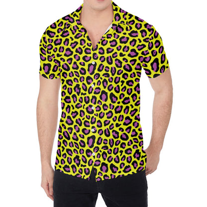 Yellow And Purple Leopard Pattern Print Men's Shirt
