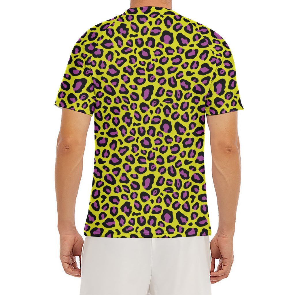 Yellow And Purple Leopard Pattern Print Men's Short Sleeve Rash Guard