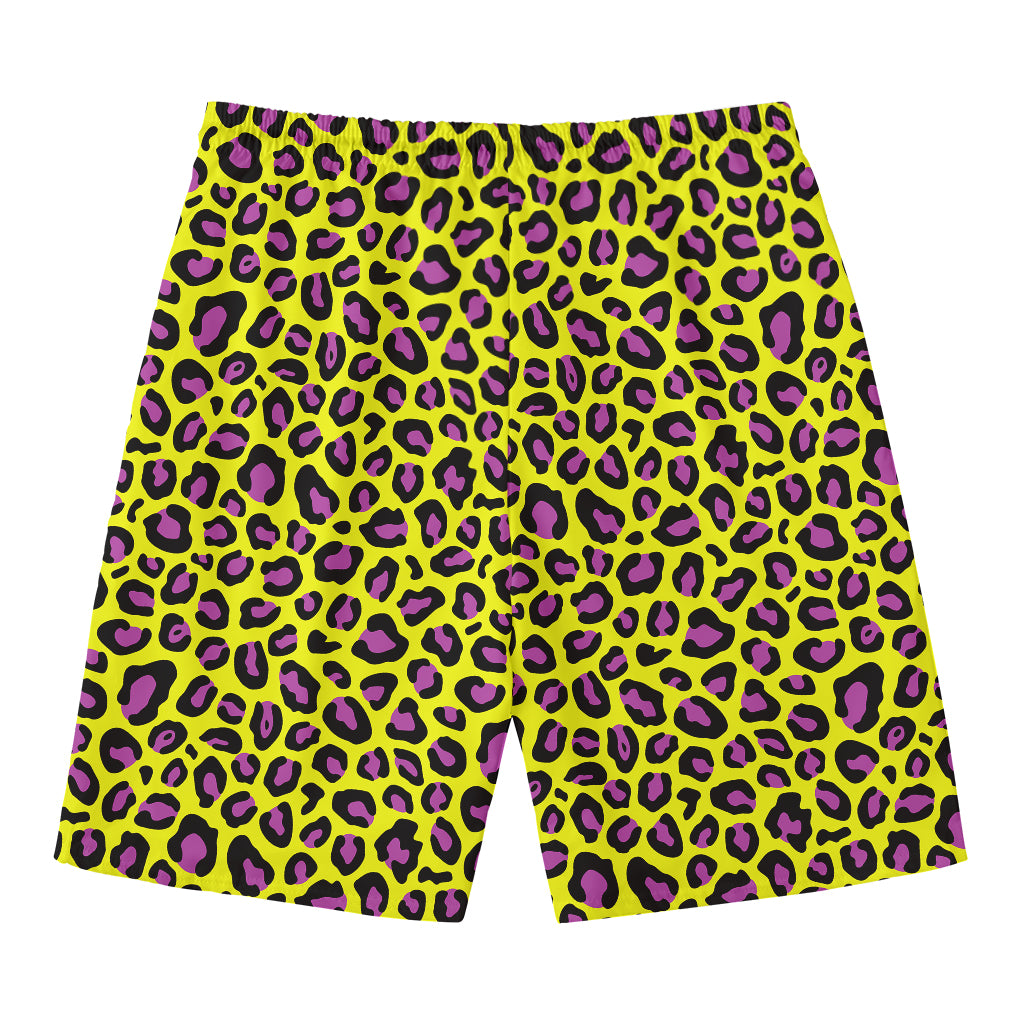 Yellow And Purple Leopard Pattern Print Men's Swim Trunks