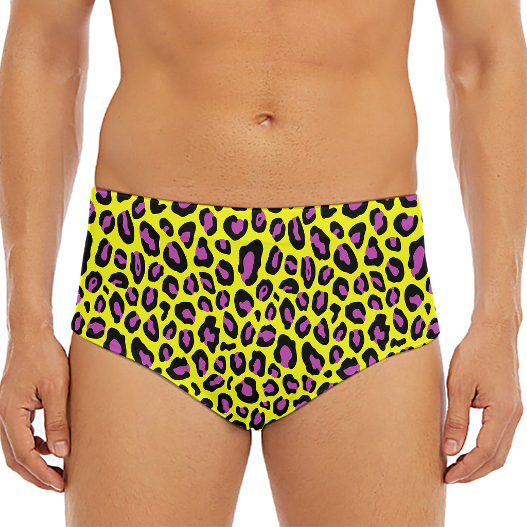 Yellow And Purple Leopard Pattern Print Men's Triangle Swim Briefs