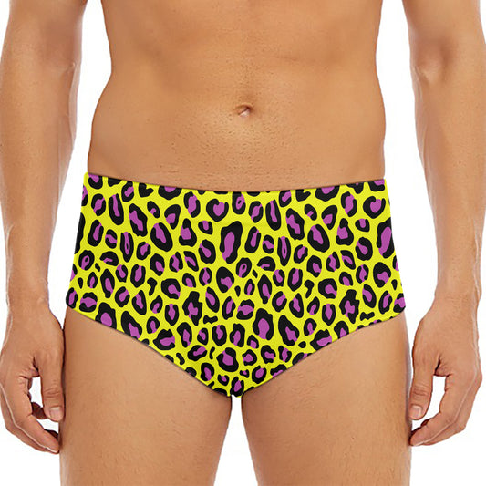 Yellow And Purple Leopard Pattern Print Men's Triangle Swim Briefs