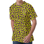 Yellow And Purple Leopard Pattern Print Men's Velvet T-Shirt