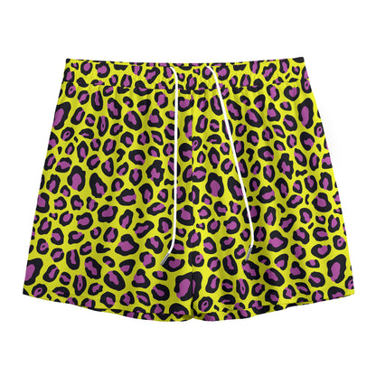 Yellow And Purple Leopard Pattern Print Mesh Shorts