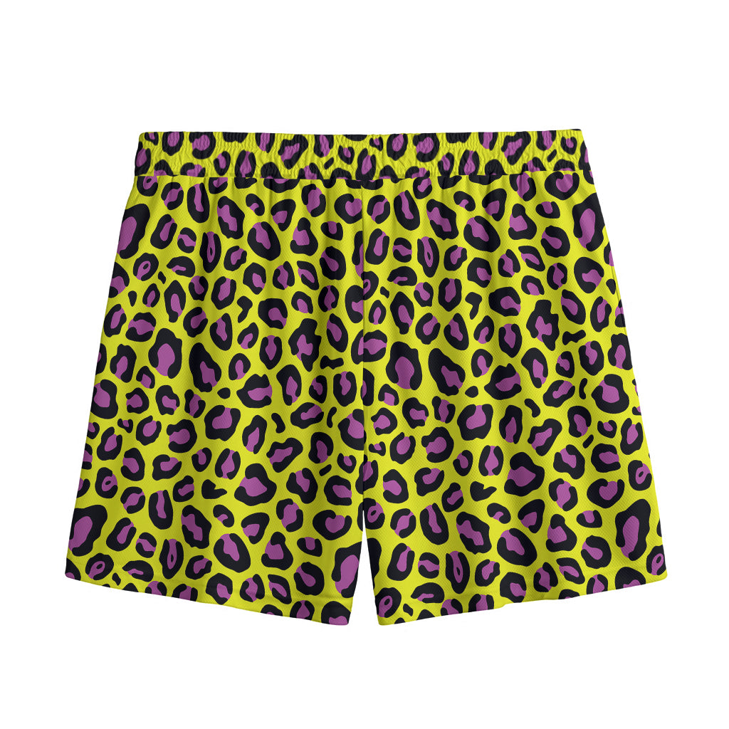 Yellow And Purple Leopard Pattern Print Mesh Shorts