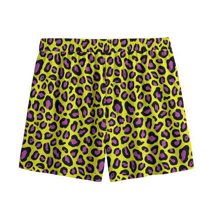Yellow And Purple Leopard Pattern Print Mesh Shorts