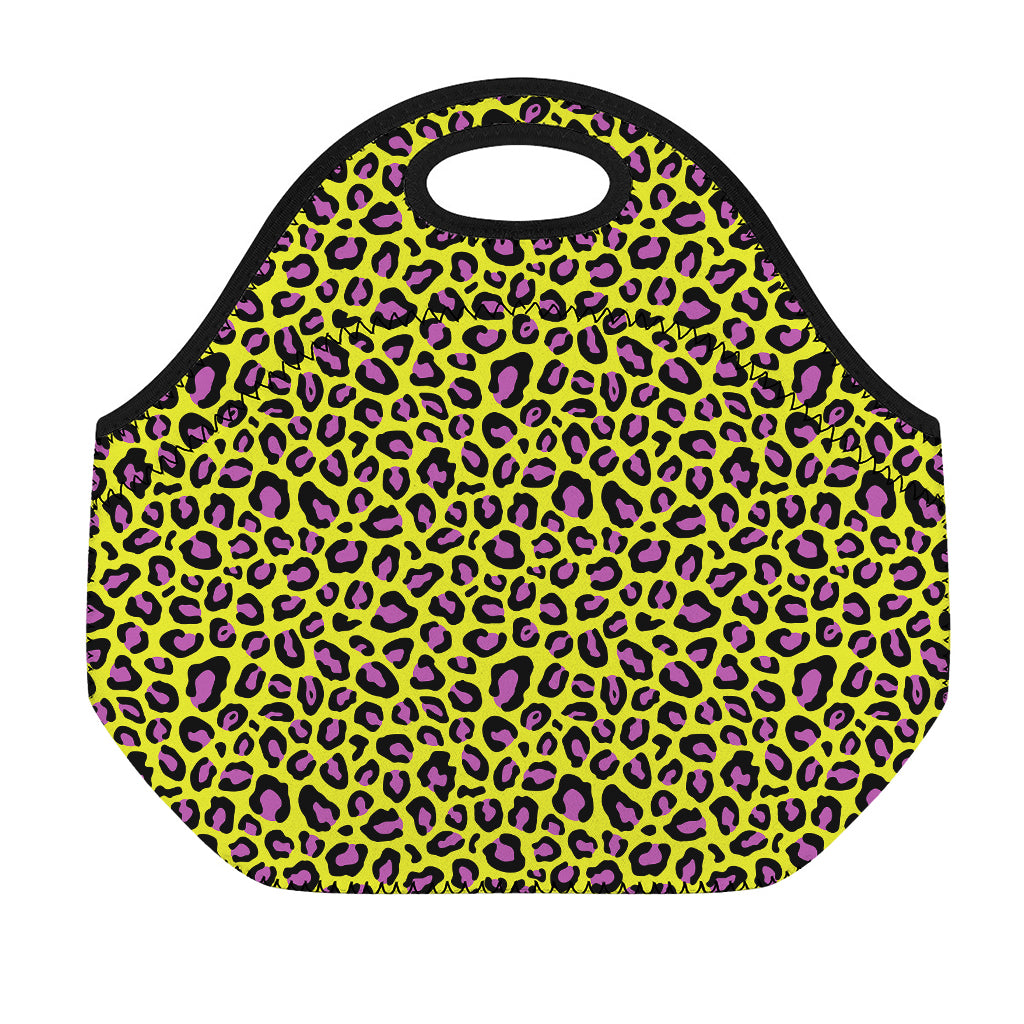 Yellow And Purple Leopard Pattern Print Neoprene Lunch Bag