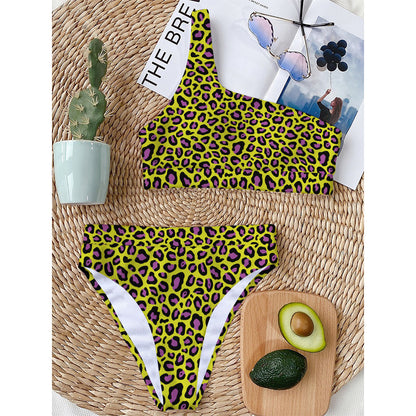 Yellow And Purple Leopard Pattern Print One Shoulder Bikini Top