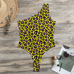 Yellow And Purple Leopard Pattern Print One Shoulder Bodysuit