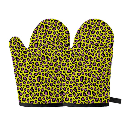 Yellow And Purple Leopard Pattern Print Oven Mitts