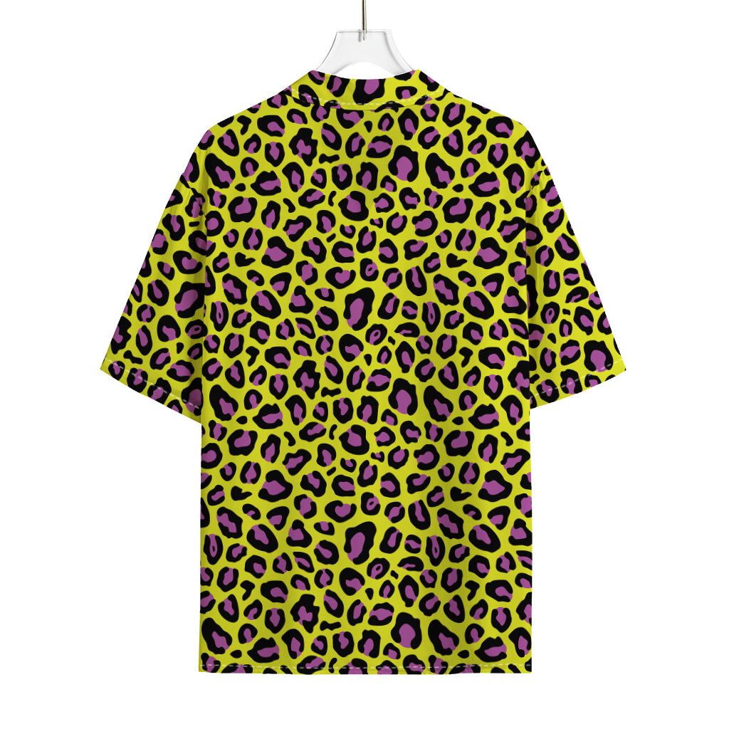 Yellow And Purple Leopard Pattern Print Rayon Hawaiian Shirt