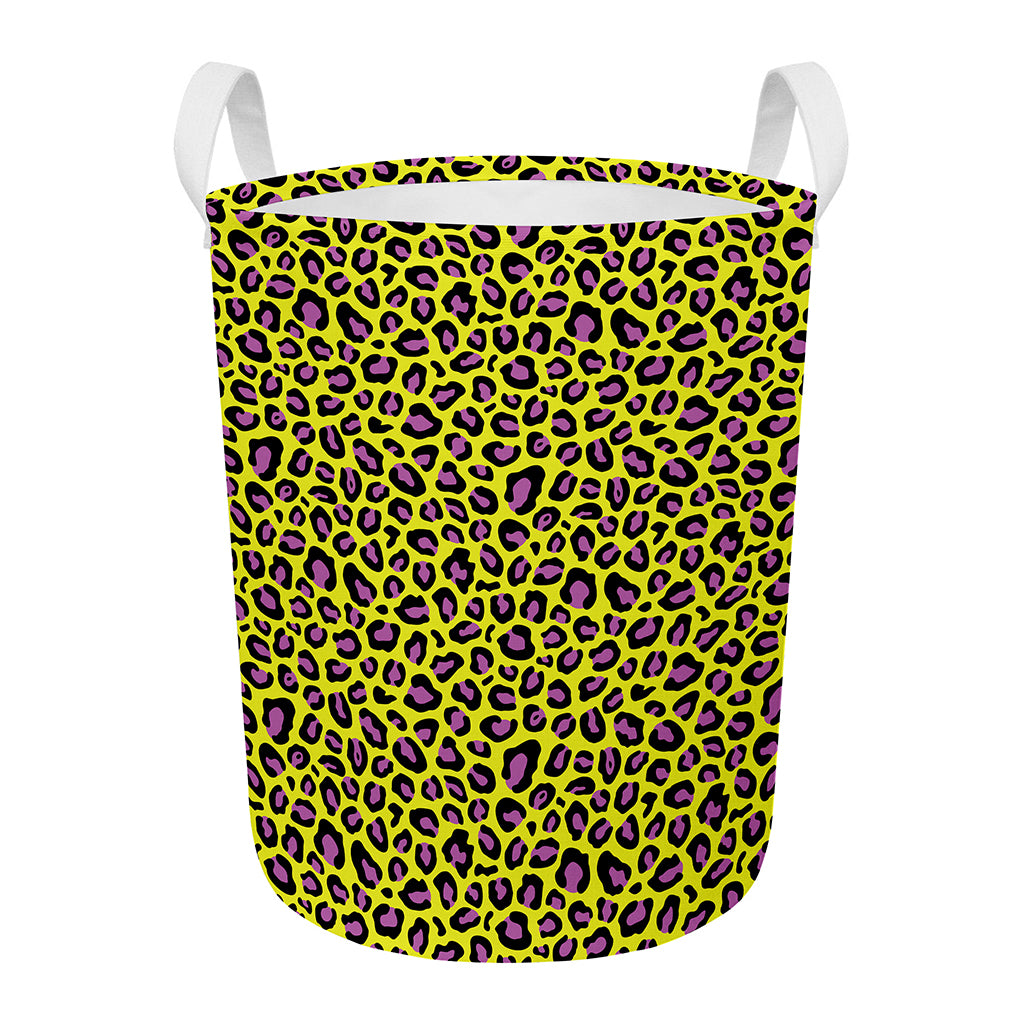 Yellow And Purple Leopard Pattern Print Round Laundry Basket