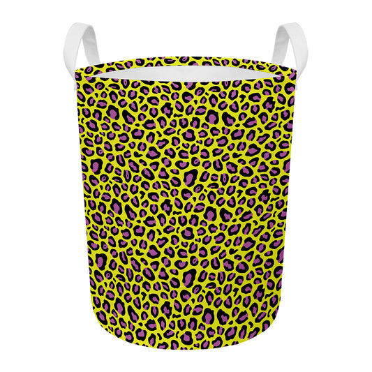 Yellow And Purple Leopard Pattern Print Round Laundry Basket