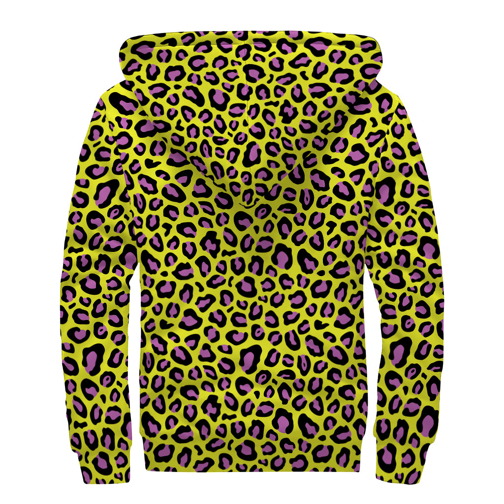 Yellow And Purple Leopard Pattern Print Sherpa Lined Zip Up Hoodie