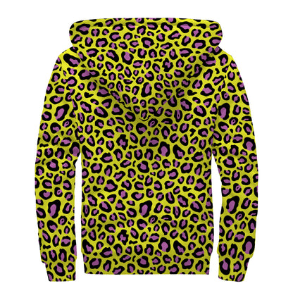 Yellow And Purple Leopard Pattern Print Sherpa Lined Zip Up Hoodie