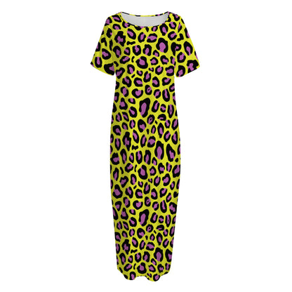 Yellow And Purple Leopard Pattern Print Short Sleeve Long Nightdress