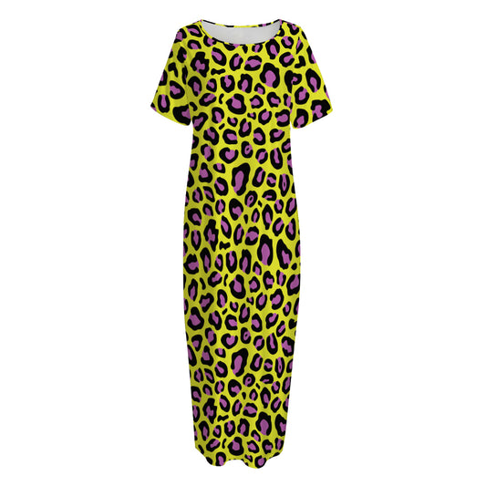 Yellow And Purple Leopard Pattern Print Short Sleeve Long Nightdress