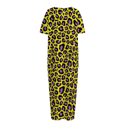 Yellow And Purple Leopard Pattern Print Short Sleeve Long Nightdress