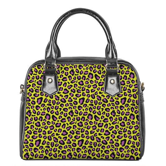 Yellow And Purple Leopard Pattern Print Shoulder Handbag