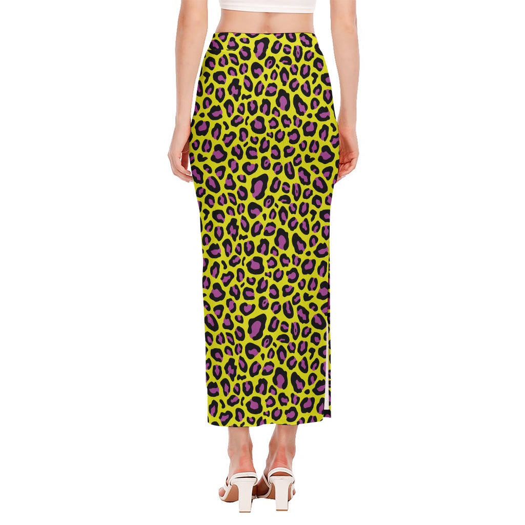 Yellow And Purple Leopard Pattern Print Side Slit Maxi Skirt