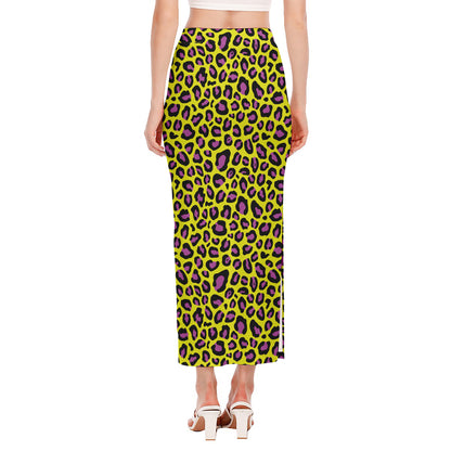 Yellow And Purple Leopard Pattern Print Side Slit Maxi Skirt