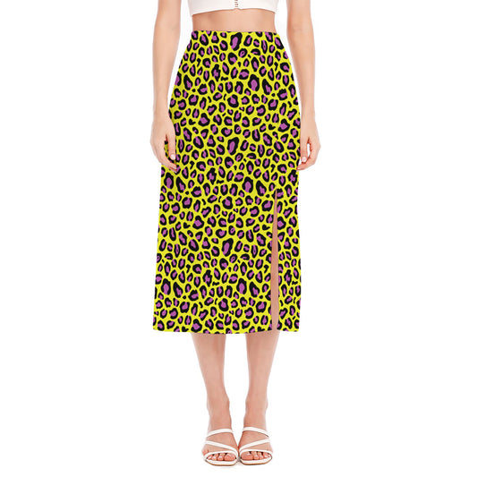 Yellow And Purple Leopard Pattern Print Side Slit Midi Skirt
