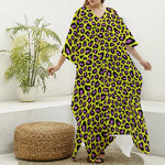 Yellow And Purple Leopard Pattern Print Silk V-Neck Kaftan Dress