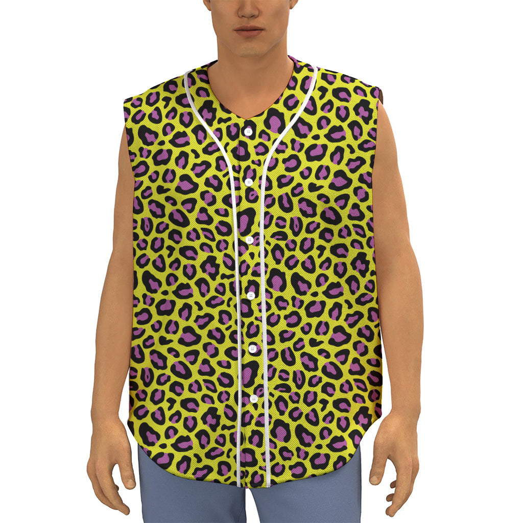 Yellow And Purple Leopard Pattern Print Sleeveless Baseball Jersey