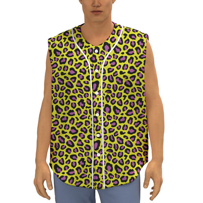 Yellow And Purple Leopard Pattern Print Sleeveless Baseball Jersey