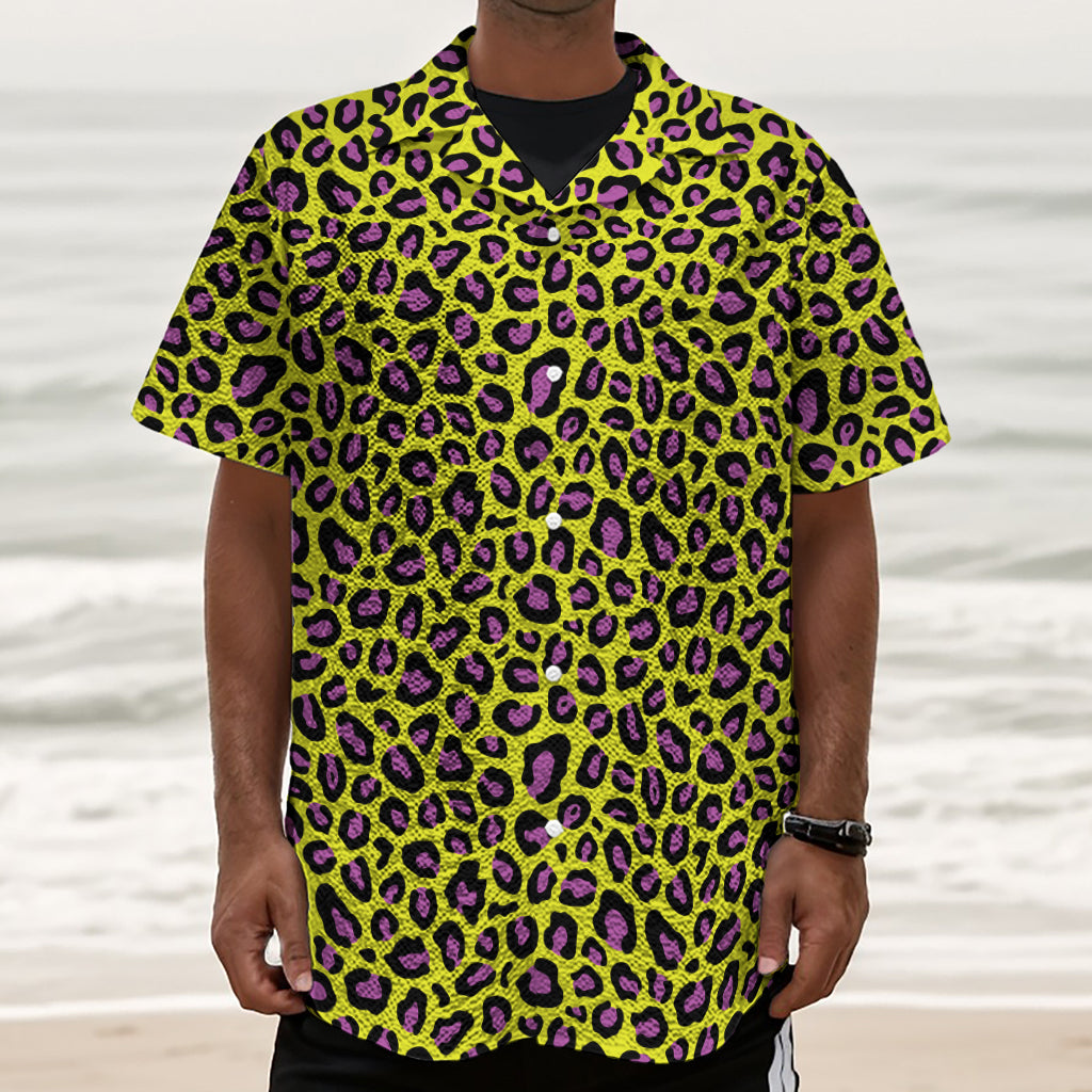 Yellow And Purple Leopard Pattern Print Textured Short Sleeve Shirt