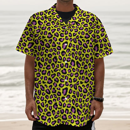 Yellow And Purple Leopard Pattern Print Textured Short Sleeve Shirt