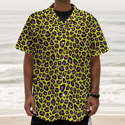 Yellow And Purple Leopard Pattern Print Textured Short Sleeve Shirt