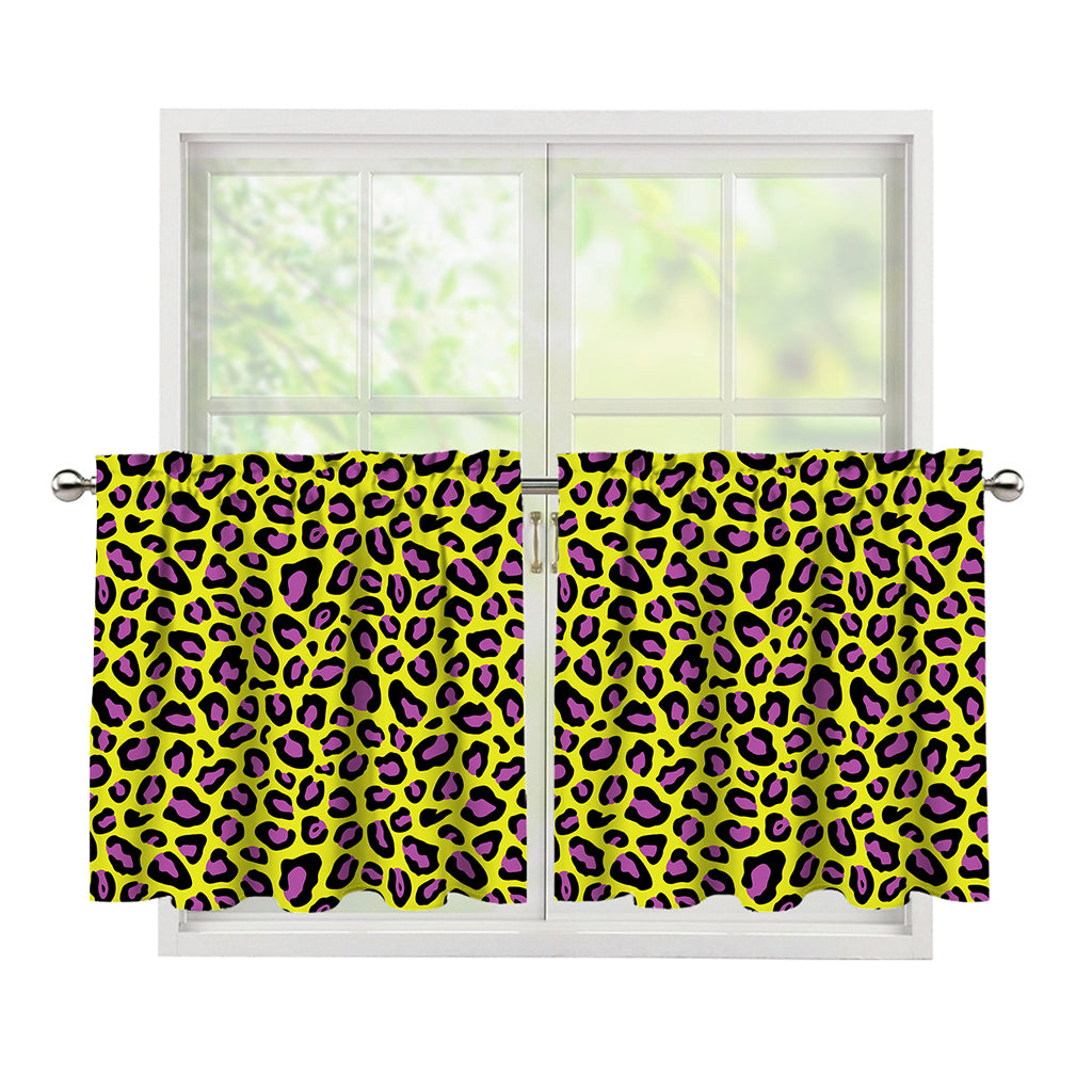 Yellow And Purple Leopard Pattern Print Tier Curtains