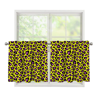 Yellow And Purple Leopard Pattern Print Tier Curtains