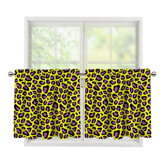 Yellow And Purple Leopard Pattern Print Tier Curtains