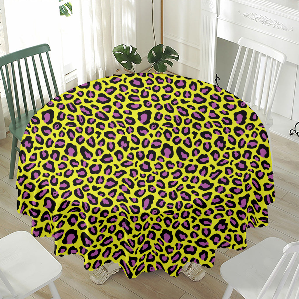 Yellow And Purple Leopard Pattern Print Waterproof Round Tablecloth