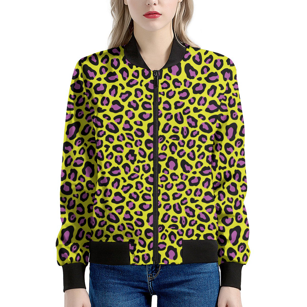 Yellow And Purple Leopard Pattern Print Women's Bomber Jacket