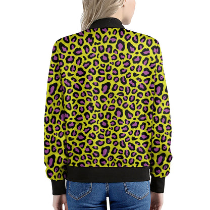 Yellow And Purple Leopard Pattern Print Women's Bomber Jacket