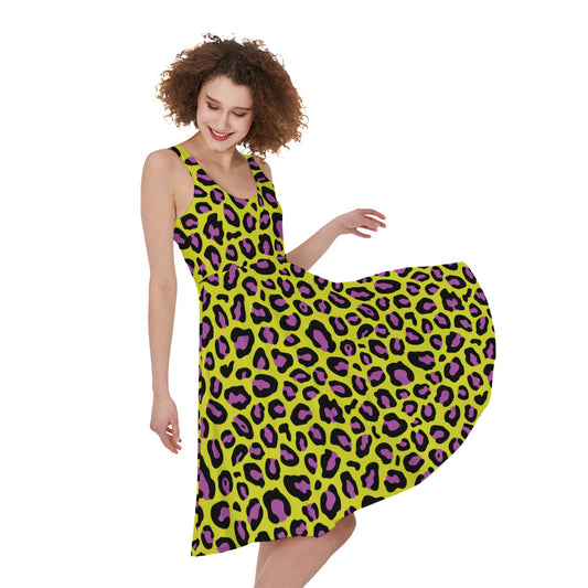 Yellow And Purple Leopard Pattern Print Women's Sleeveless Dress