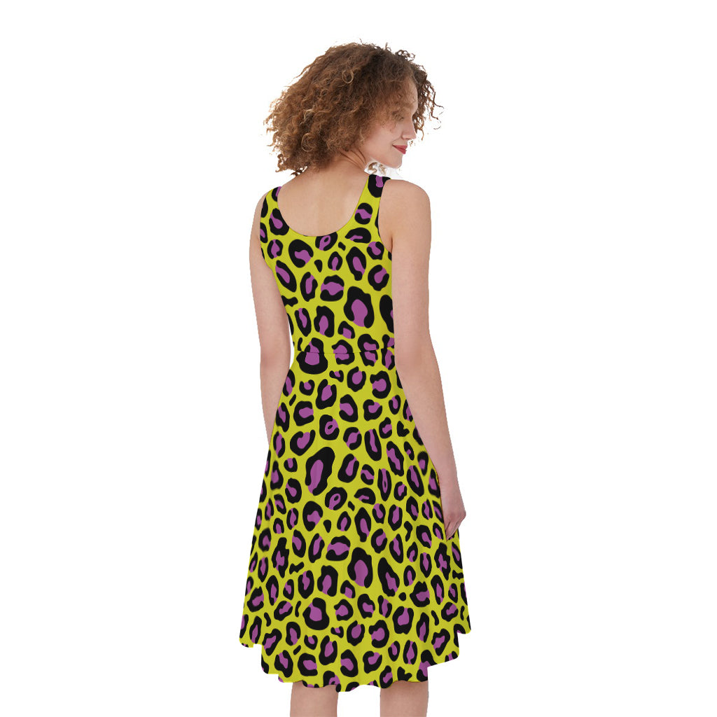 Yellow And Purple Leopard Pattern Print Women's Sleeveless Dress