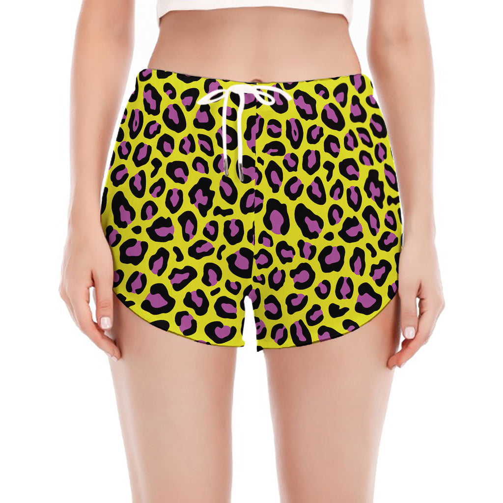 Yellow And Purple Leopard Pattern Print Women's Split Running Shorts