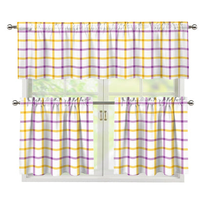 Yellow And Purple Tattersall Print 3 Piece Kitchen Curtains