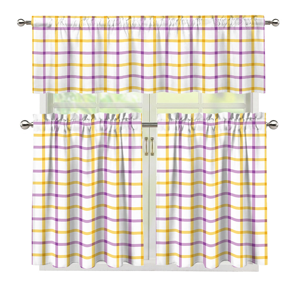 Yellow And Purple Tattersall Print 3 Piece Kitchen Curtains