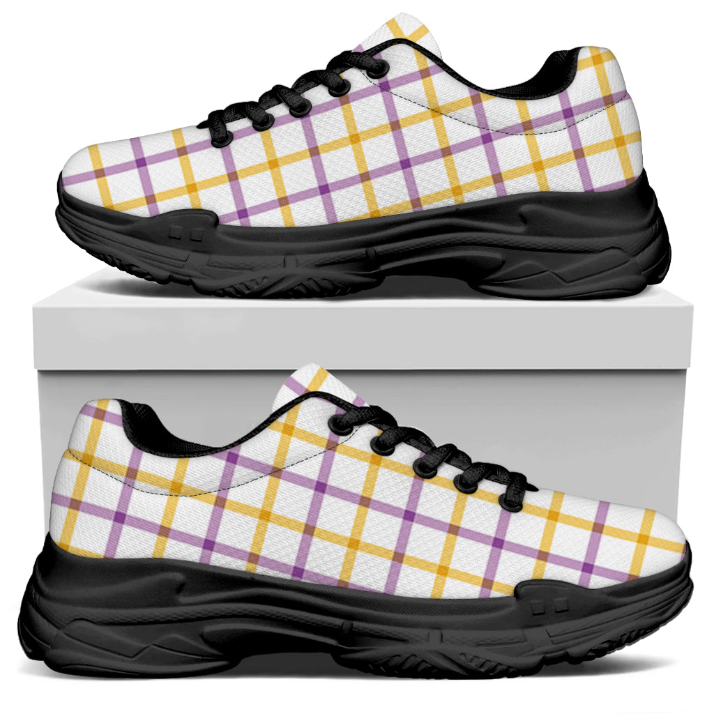 Yellow And Purple Tattersall Print Black Chunky Shoes