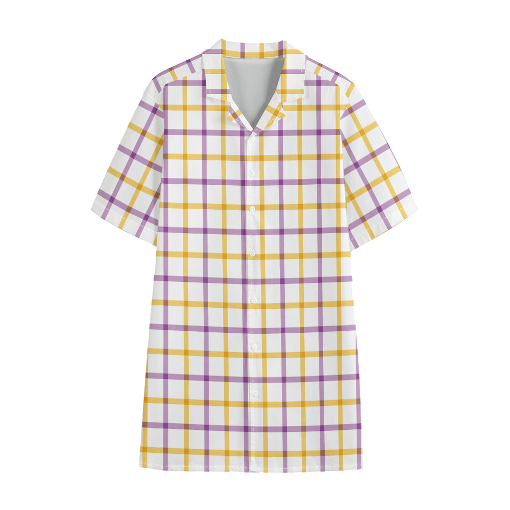 Yellow And Purple Tattersall Print Cotton Hawaiian Shirt