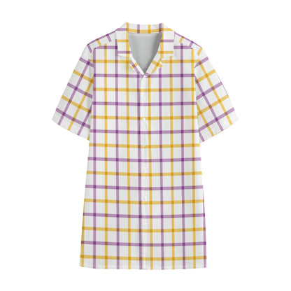 Yellow And Purple Tattersall Print Cotton Hawaiian Shirt