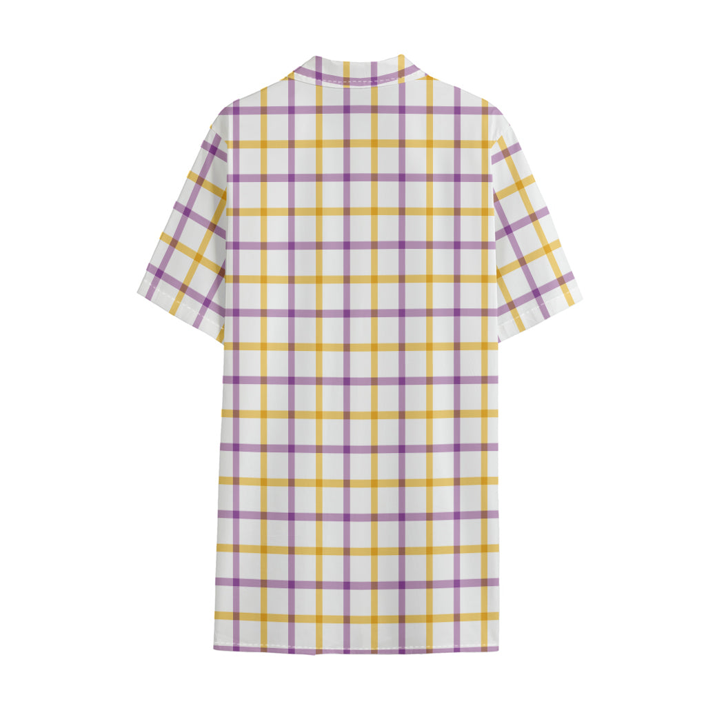 Yellow And Purple Tattersall Print Cotton Hawaiian Shirt