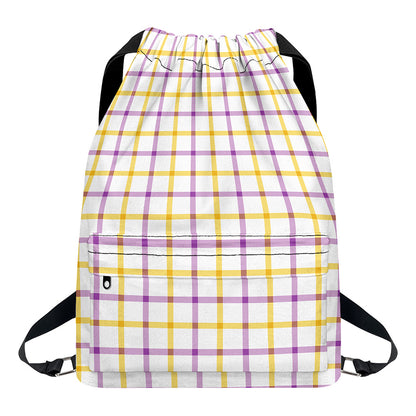 Yellow And Purple Tattersall Print Drawstring Backpack