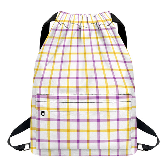 Yellow And Purple Tattersall Print Drawstring Backpack